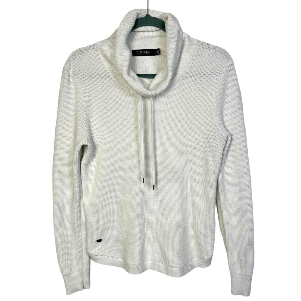 LRL White 100% Cotton Waffle Knit Cowl Neck Pullover Sweater, Size L